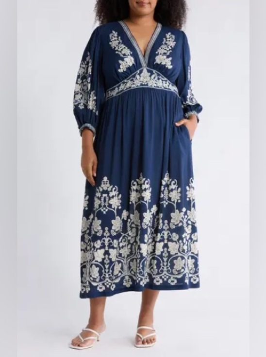 Tahari Dresses & Skirts - 51. Tahari • NWT $228 USD Navy Embroidered V-Neck Midi Dress PTP 20”-25”